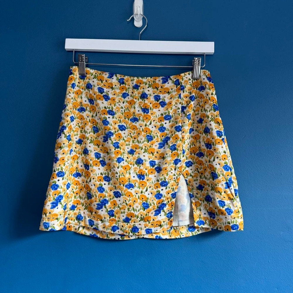 Bailey Rose Floral Mini Skirt Women's Size Small Yellow Blue Slit Preppy Girly